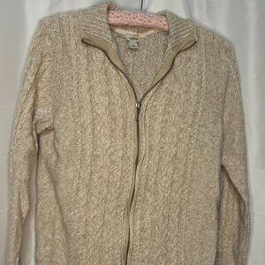 LL Bean Sweater Women’s Size L Full Zip Cardigan Cable Knit Fisherman Beige